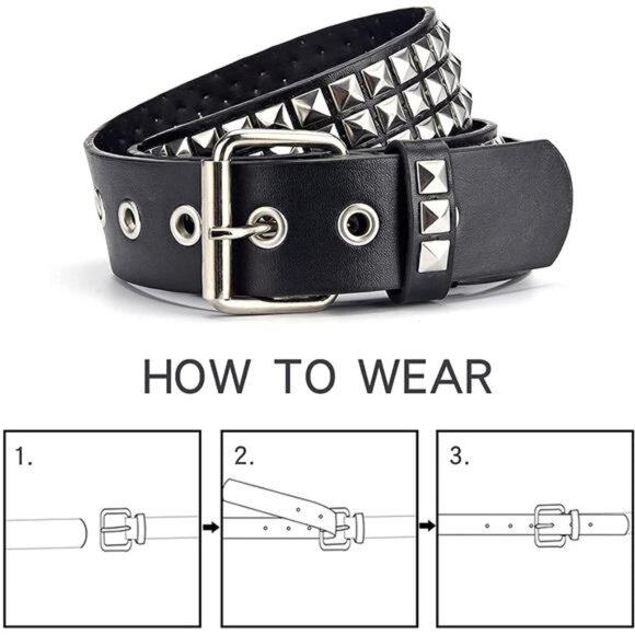 Black Studded Belt Punk Rock Rivet Belt Grommet Threads Belt with Bright Metal - Picture 6 of 8